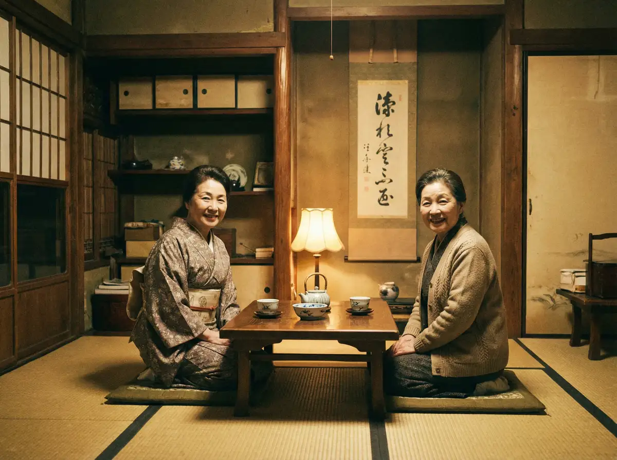 两位优雅的 色虎视频 在日式茶室中品茶交谈